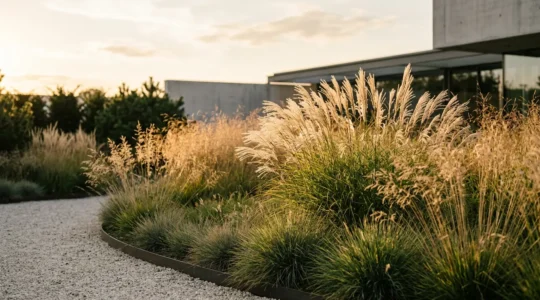Contemporary garden with flowing ornamental grasses creating dynamic layers and natural movement against architectural backdrop