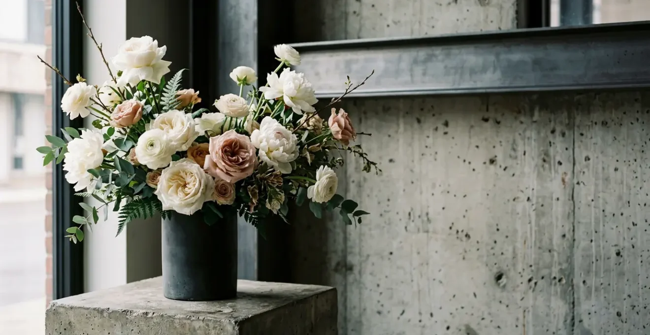 Delicate white flowers arranged against textured concrete wall in modern minimalist space