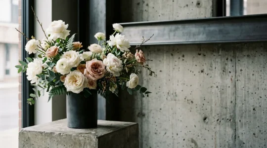 Delicate white flowers arranged against textured concrete wall in modern minimalist space