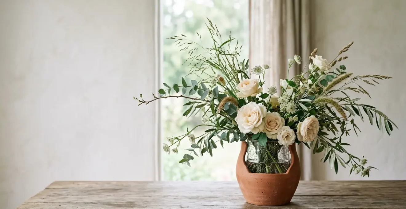 Airy organic modern flower arrangement using chicken wire mechanics in a ceramic vase with natural negative space