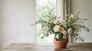 Airy organic modern flower arrangement using chicken wire mechanics in a ceramic vase with natural negative space