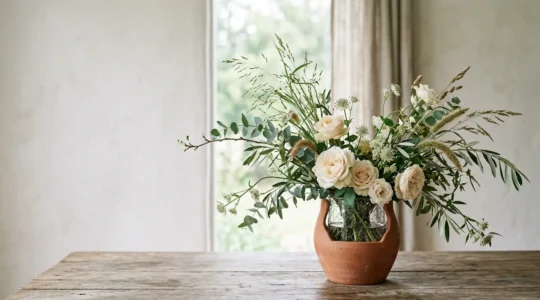 Airy organic modern flower arrangement using chicken wire mechanics in a ceramic vase with natural negative space