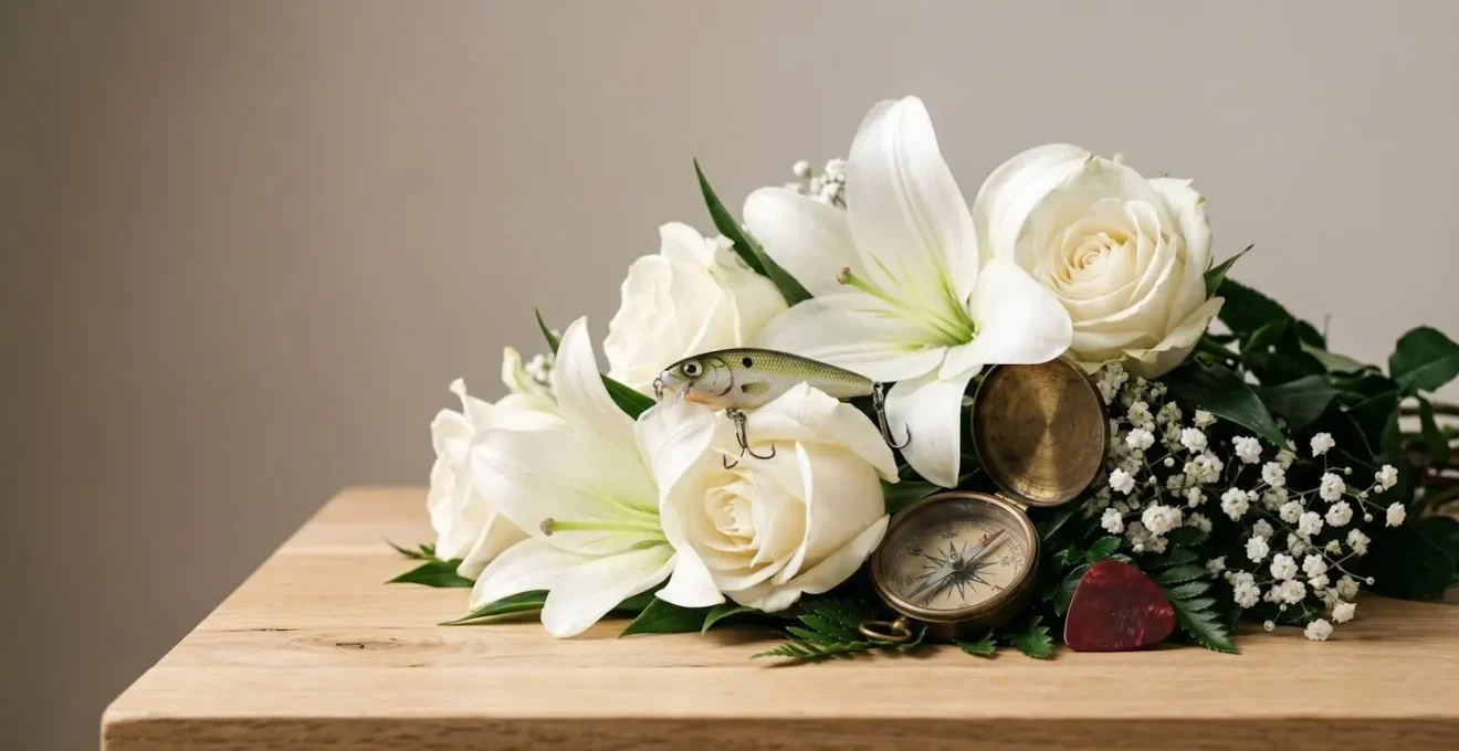 A personalized funeral floral arrangement incorporating meaningful hobby elements alongside fresh blooms