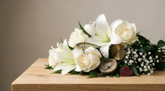 A personalized funeral floral arrangement incorporating meaningful hobby elements alongside fresh blooms