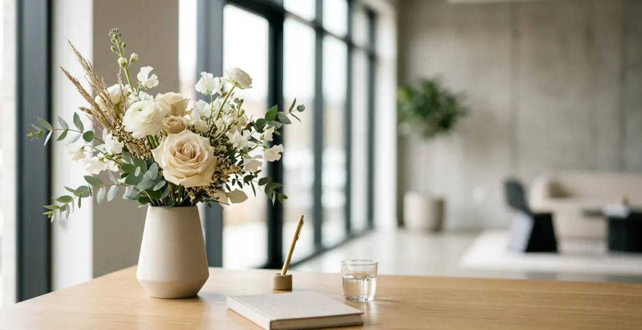 Professional floral arrangement in modern office setting demonstrating workplace gift etiquette