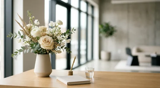 Professional floral arrangement in modern office setting demonstrating workplace gift etiquette