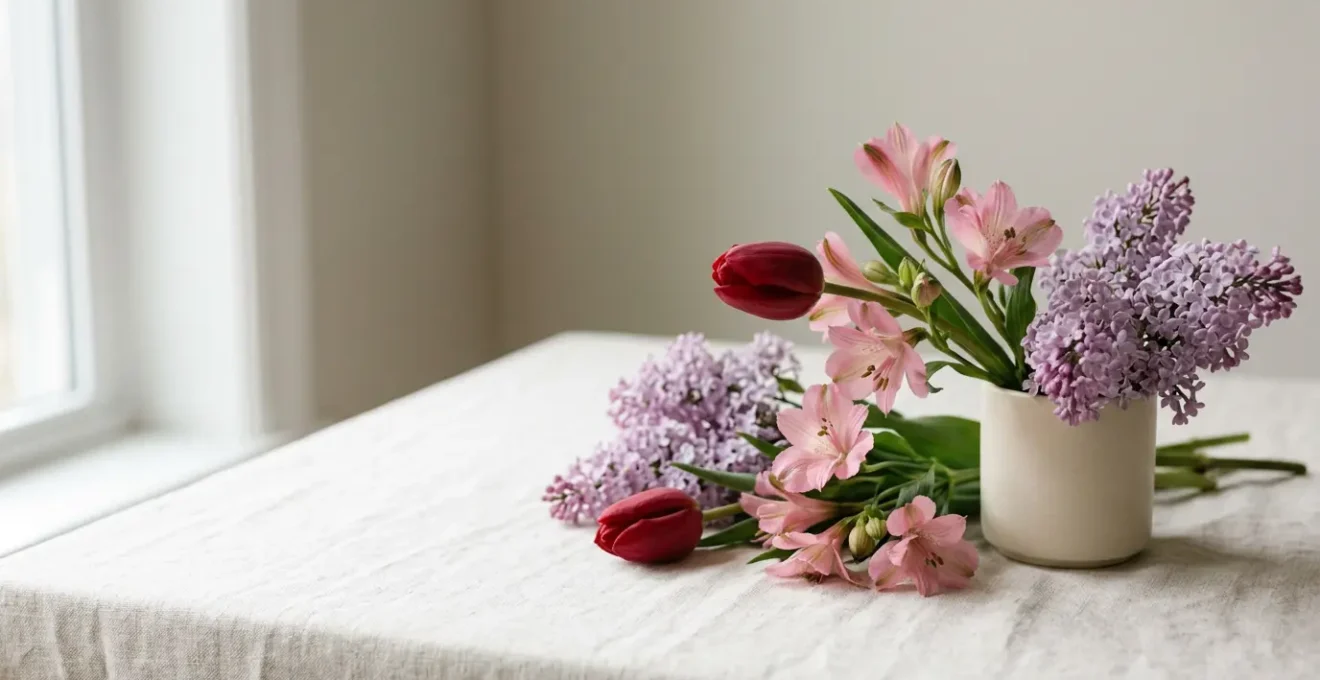 Elegant arrangement of diverse romantic blooms showcasing tulips, alstroemeria, and lilacs in soft natural light with negative space