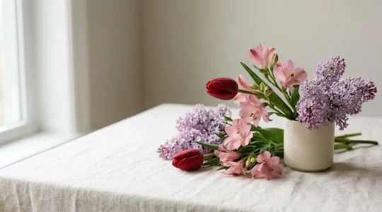 Elegant arrangement of diverse romantic blooms showcasing tulips, alstroemeria, and lilacs in soft natural light with negative space