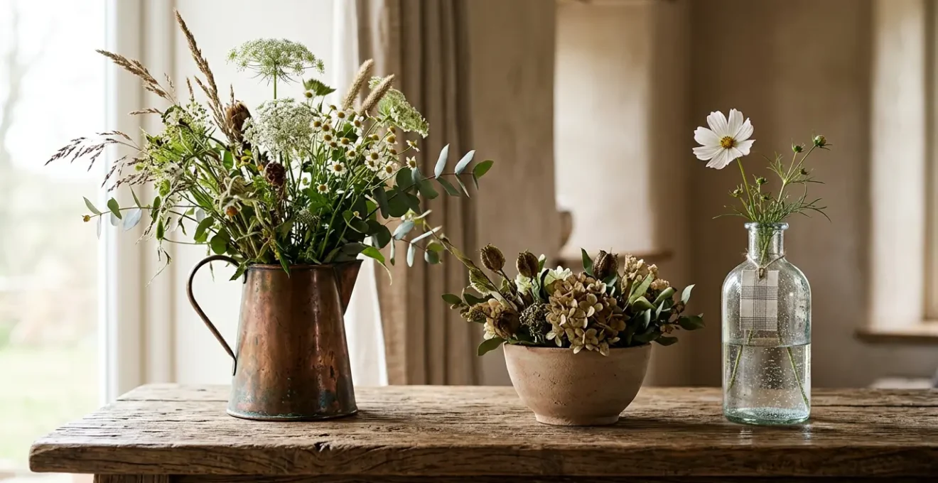 Professionally styled rustic chic interior vignette showcasing curated decor arrangement with natural textures and intentional composition