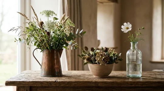 Professionally styled rustic chic interior vignette showcasing curated decor arrangement with natural textures and intentional composition