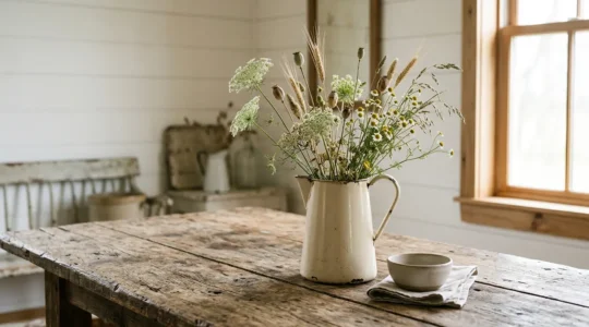 Rustic farmhouse floral arrangement with wildflowers in vintage pitcher on weathered wood surface
