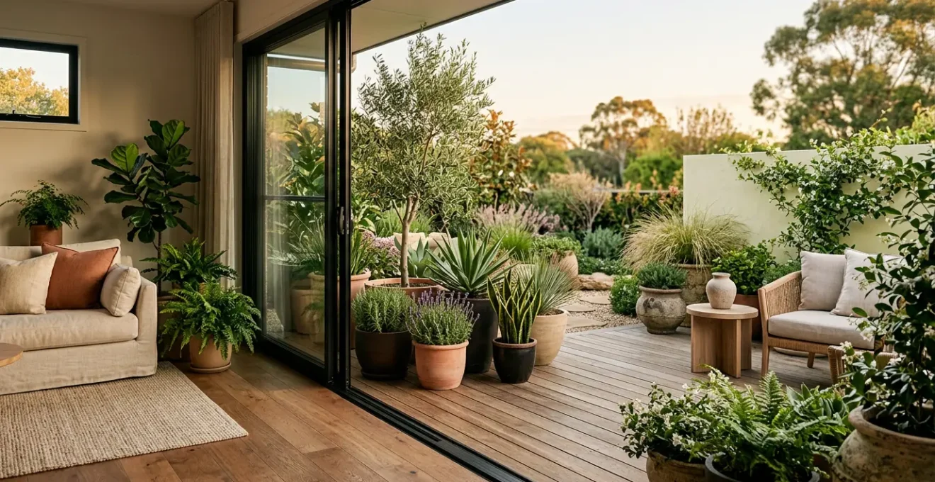 Wide garden patio transitioning seamlessly from interior living space with cohesive floral arrangements and architectural plants in elegant containers