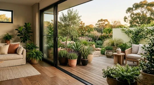Wide garden patio transitioning seamlessly from interior living space with cohesive floral arrangements and architectural plants in elegant containers