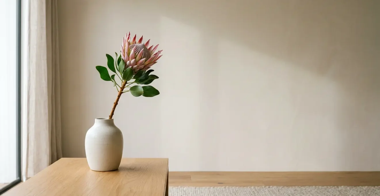 Elegant single flower stem in a sleek minimalist vase on a modern coffee table with ample negative space