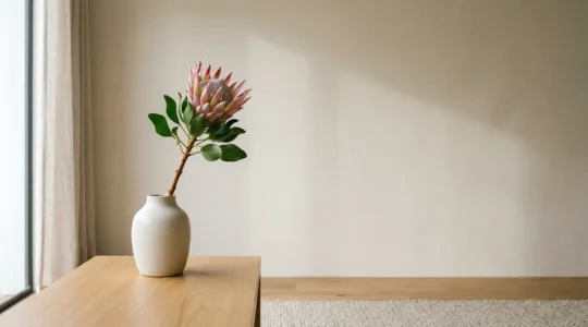 Elegant single flower stem in a sleek minimalist vase on a modern coffee table with ample negative space