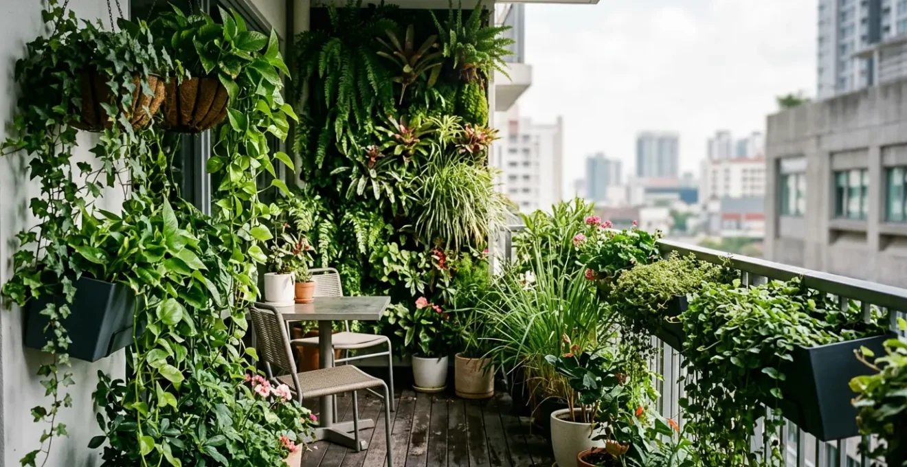 Urban balcony garden transformation into a lush green sanctuary with vertical plants and layered greenery