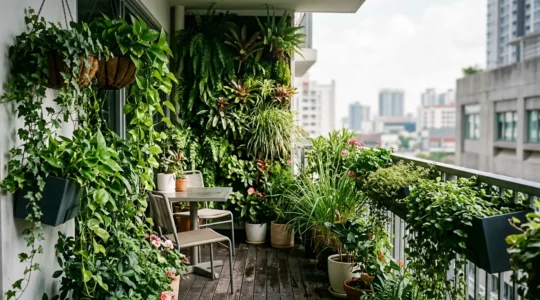 Urban balcony garden transformation into a lush green sanctuary with vertical plants and layered greenery