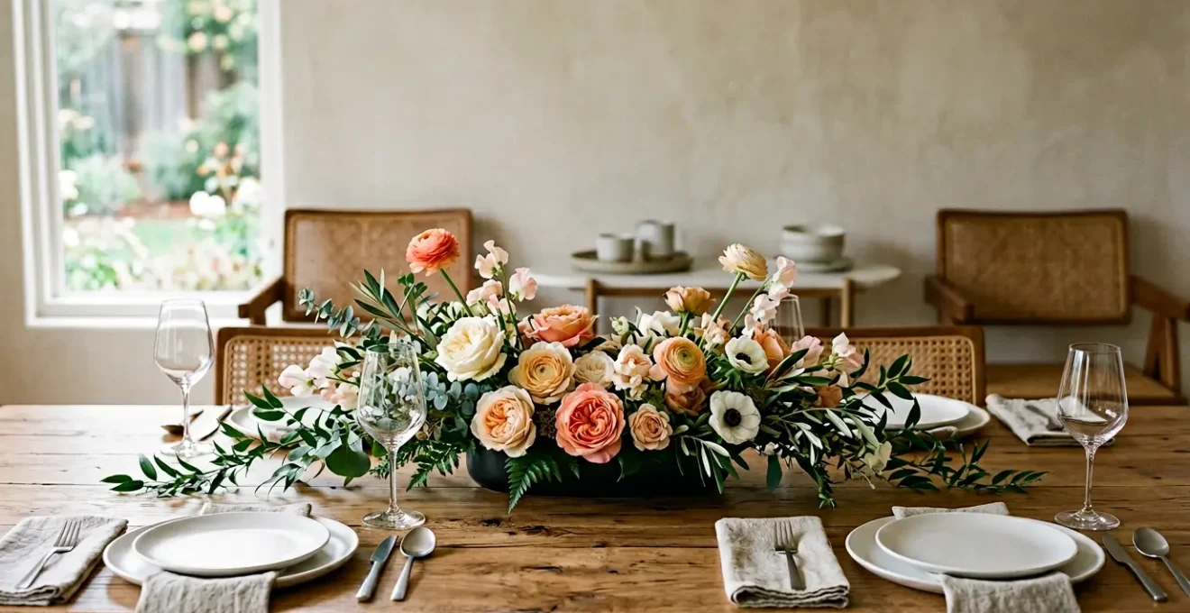 Elegant low-profile floral centerpiece arrangement on dining table with clear sightlines for conversation