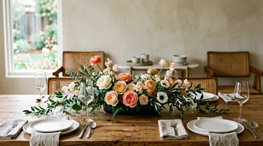 Elegant low-profile floral centerpiece arrangement on dining table with clear sightlines for conversation