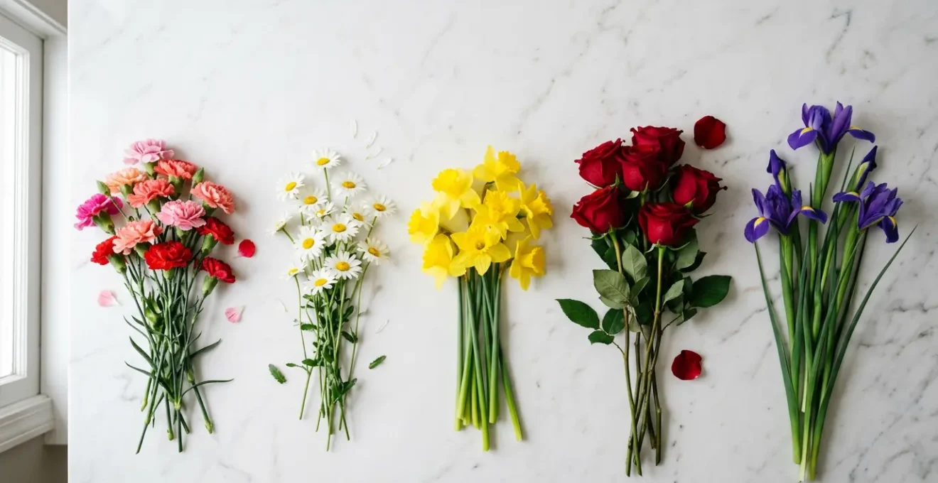Elegant anniversary flowers arranged by milestone years showing symbolic blooms from first to golden anniversary