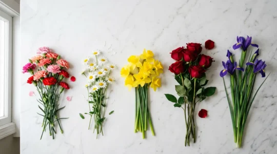 Elegant anniversary flowers arranged by milestone years showing symbolic blooms from first to golden anniversary