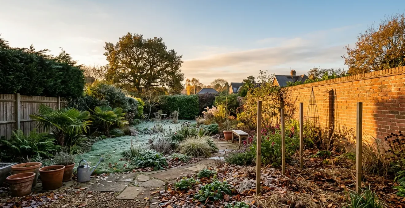 Detailed view of diverse garden plants in different microclimates showing winter preparation and zone adaptation