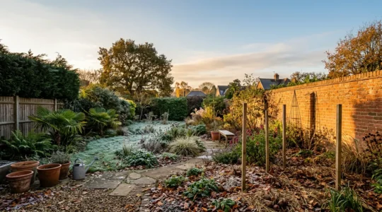 Detailed view of diverse garden plants in different microclimates showing winter preparation and zone adaptation