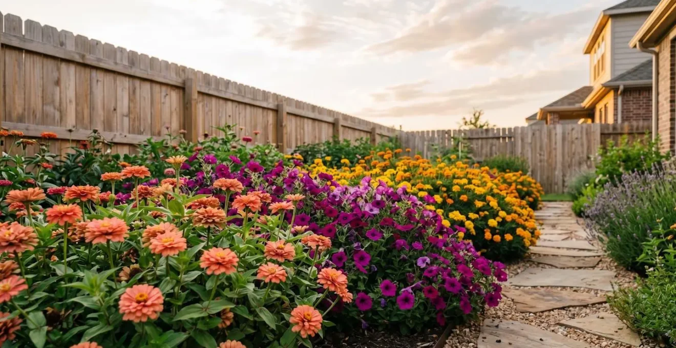 A lush garden bed showcasing vibrant annual flowers in multiple complementary colors changing through seasons
