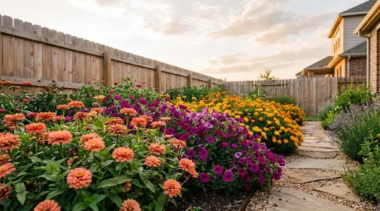 A lush garden bed showcasing vibrant annual flowers in multiple complementary colors changing through seasons