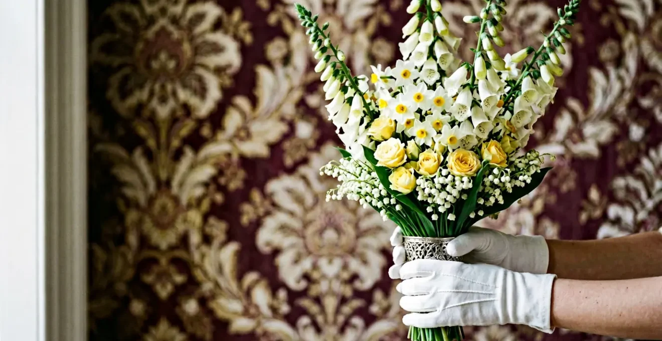 A tightly arranged Victorian bouquet held by gloved hands against ornate wallpaper showing intricate symbolic flower composition