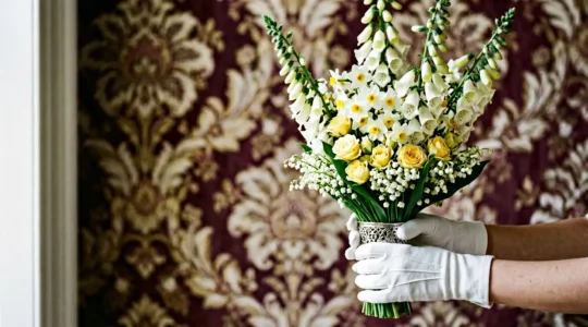A tightly arranged Victorian bouquet held by gloved hands against ornate wallpaper showing intricate symbolic flower composition