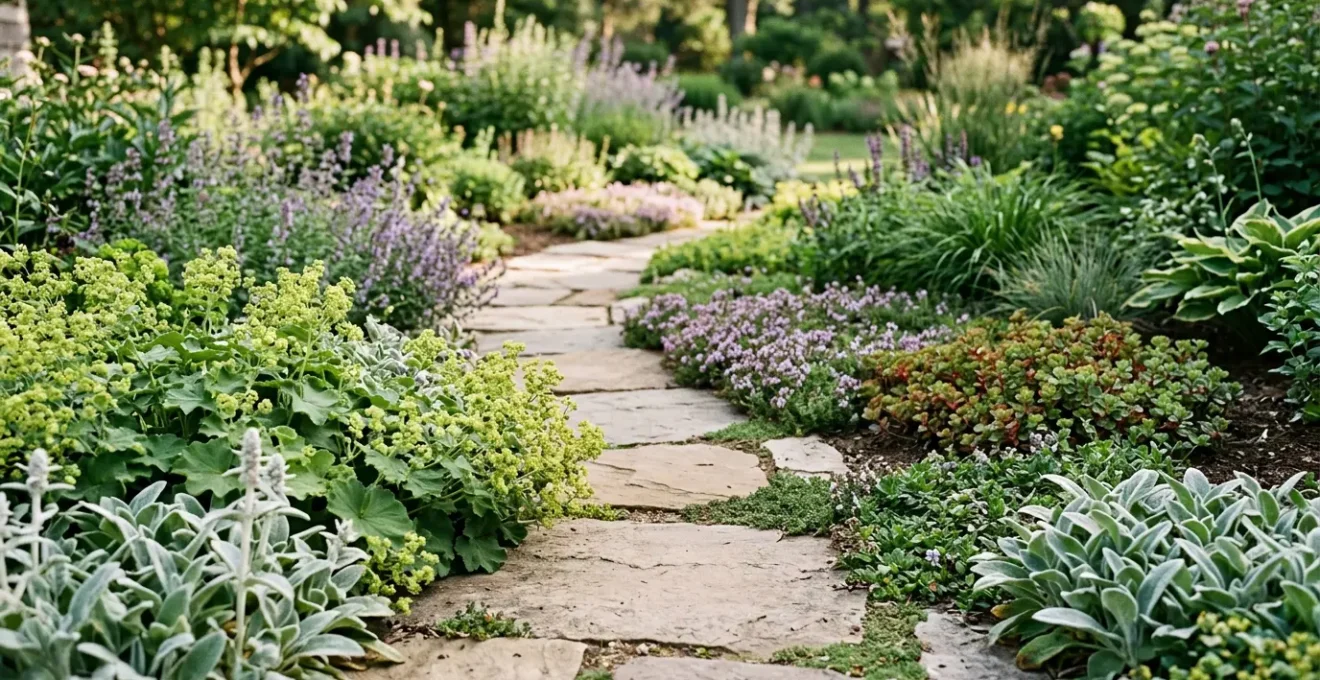 Durable flowering border plants lining a garden walkway designed to withstand frequent foot traffic