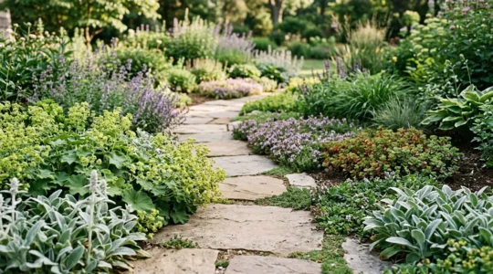 Durable flowering border plants lining a garden walkway designed to withstand frequent foot traffic