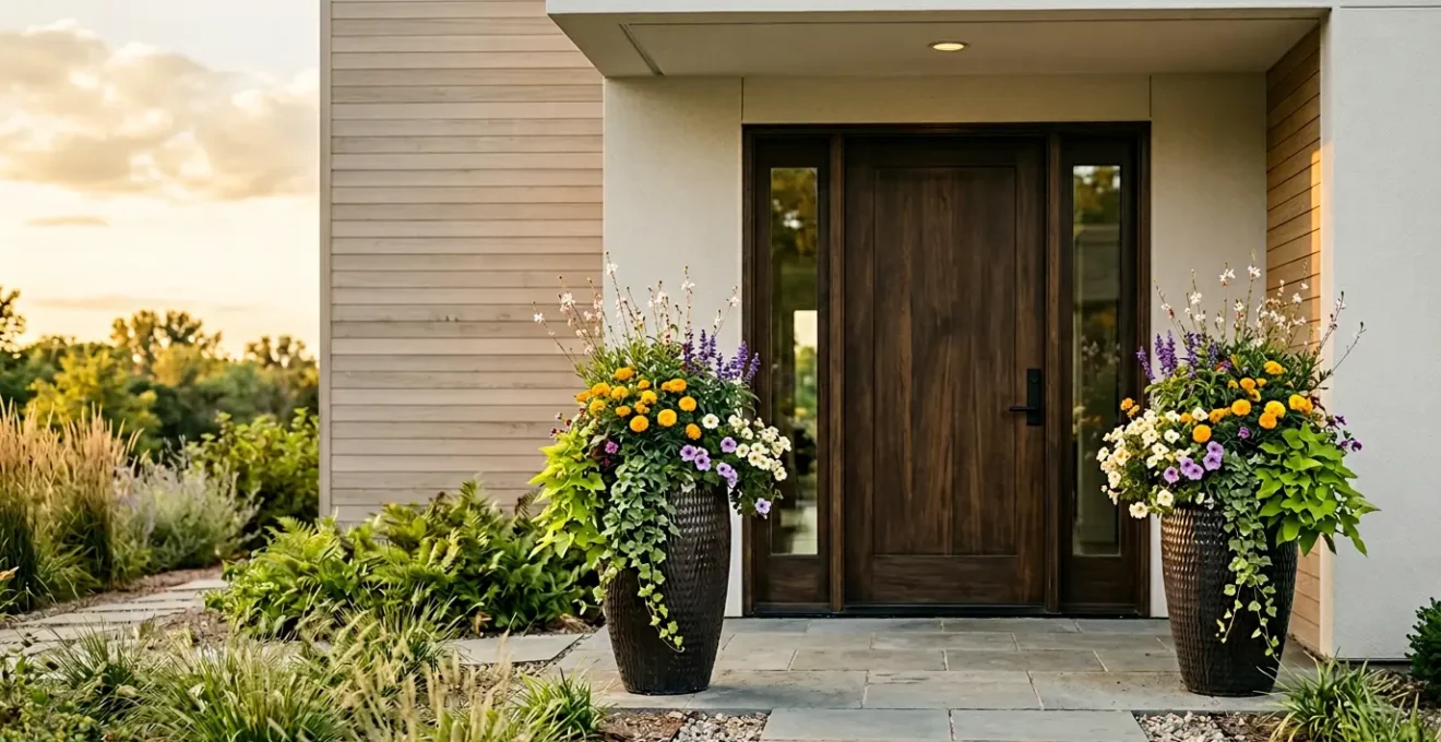 Vibrant floral display flanking elegant front door entrance with colorful seasonal blooms creating inviting curb appeal