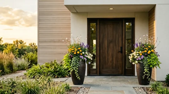 Vibrant floral display flanking elegant front door entrance with colorful seasonal blooms creating inviting curb appeal