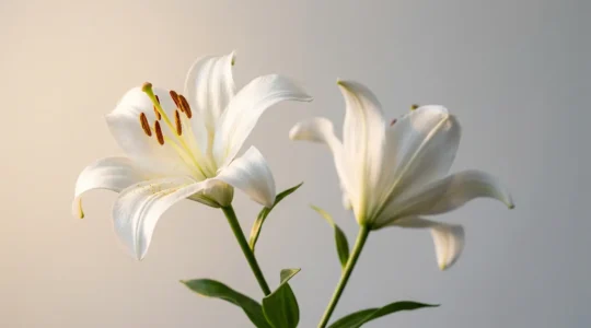 Pure white lily blooms with contrasting stamens against soft ethereal background symbolizing both celebration and solemnity