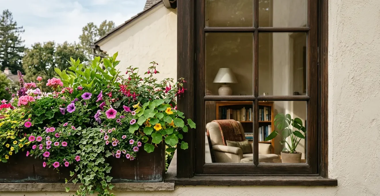 Elegant window boxes overflowing with colorful flowers viewed simultaneously from inside and outside