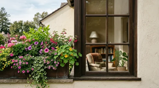 Elegant window boxes overflowing with colorful flowers viewed simultaneously from inside and outside
