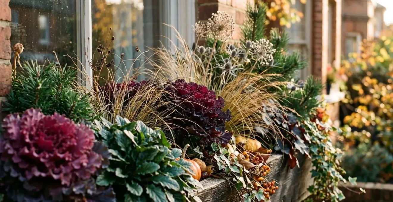 Layered fall window box featuring ornamental kale, dried grasses, and evergreen sprigs in warm autumn tones
