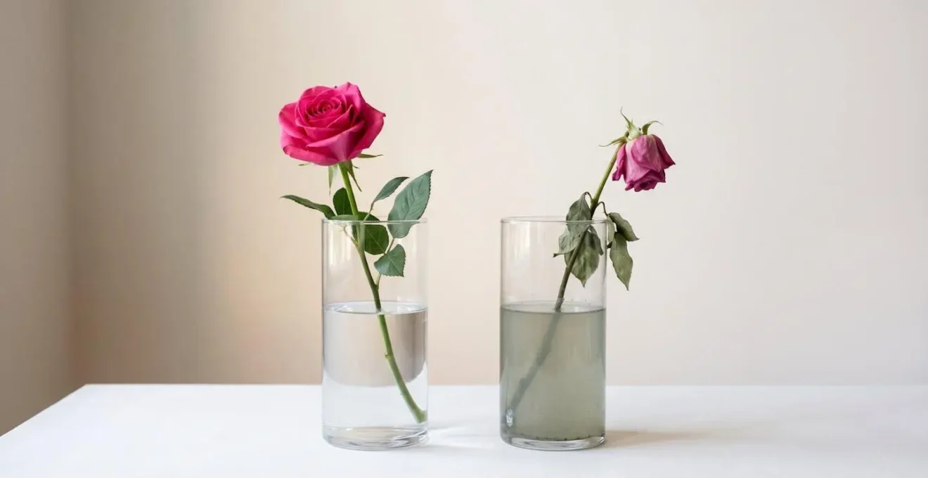 Contrast between clear and bacteria-clouded flower vase water showing decay progression