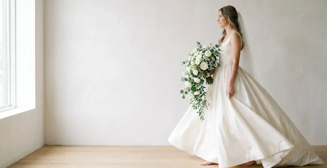 Side profile view comparing teardrop and waterfall bouquet shapes against a flowing ballgown wedding dress