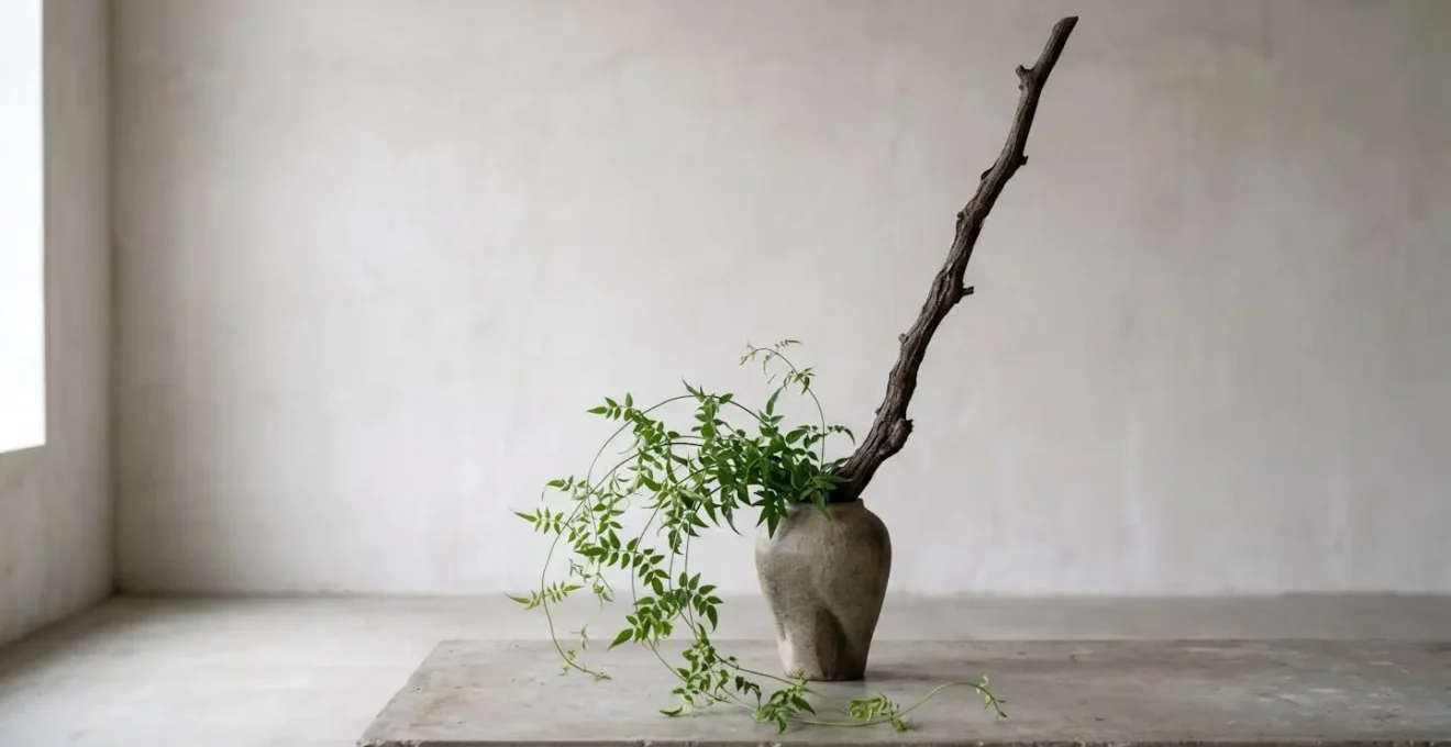 Medium shot capturing the natural movement and gesture of contrasting botanical materials in dynamic composition