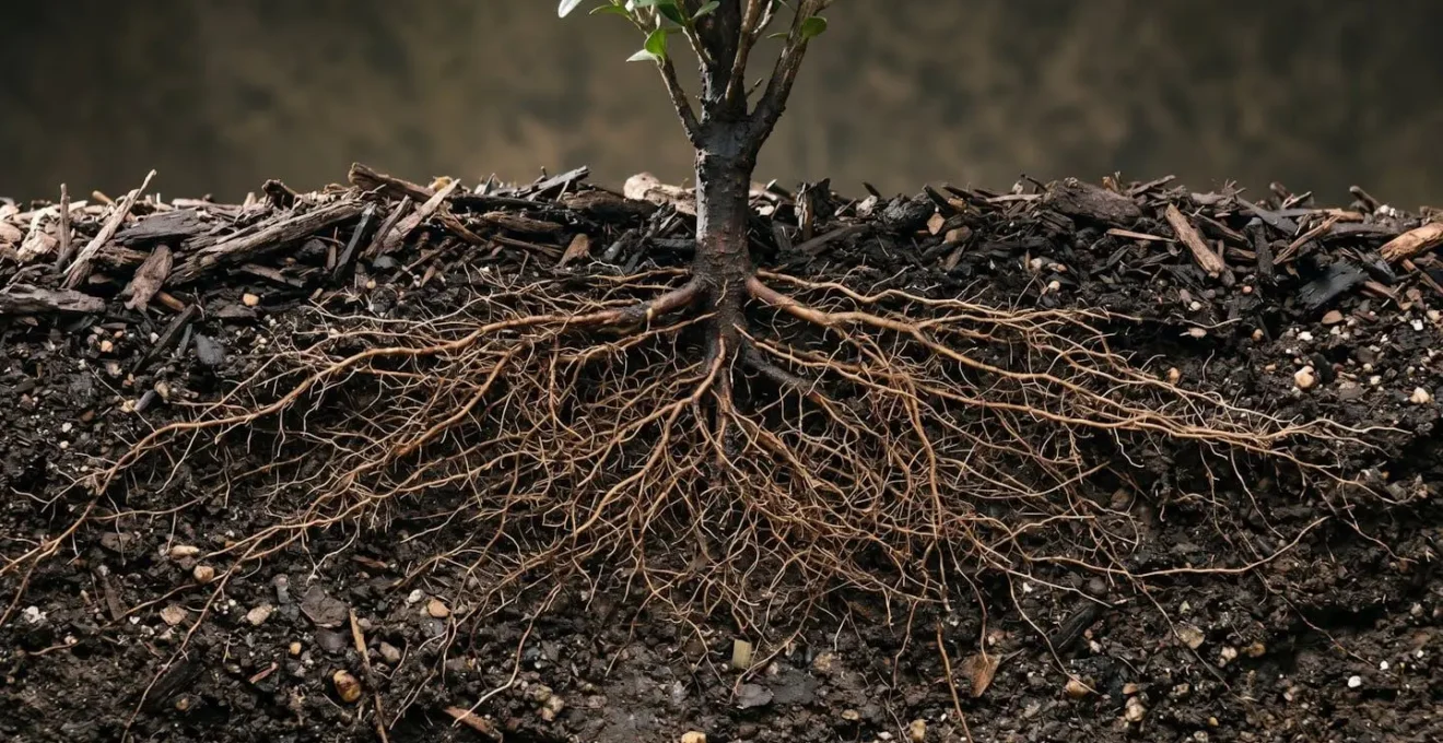 Cross-section view of boxwood shallow root system spreading horizontally beneath mulch layer
