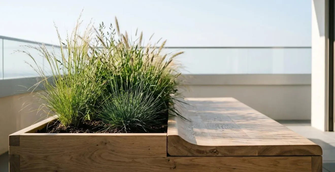 Architectural built-in planter serving as a bench with seamless integration into balcony structure