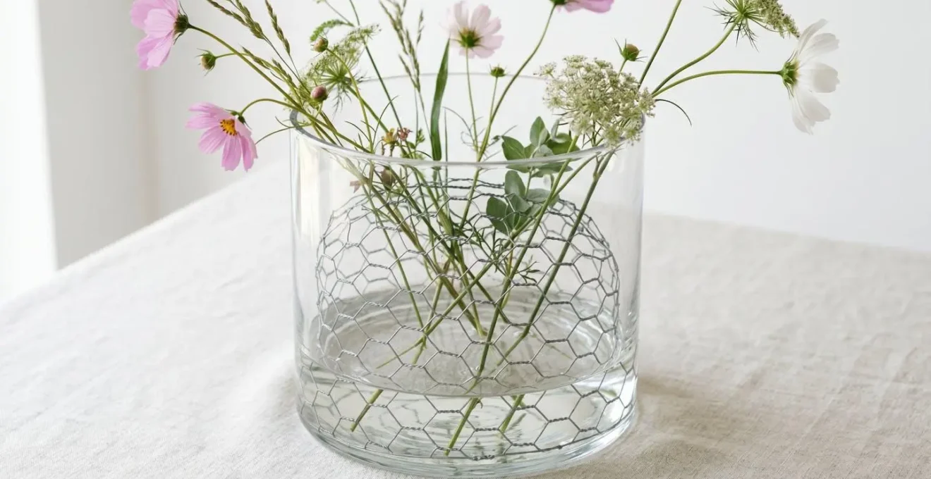 Close-up of crumpled chicken wire secured in clear vase with wildflower stems inserted at natural angles