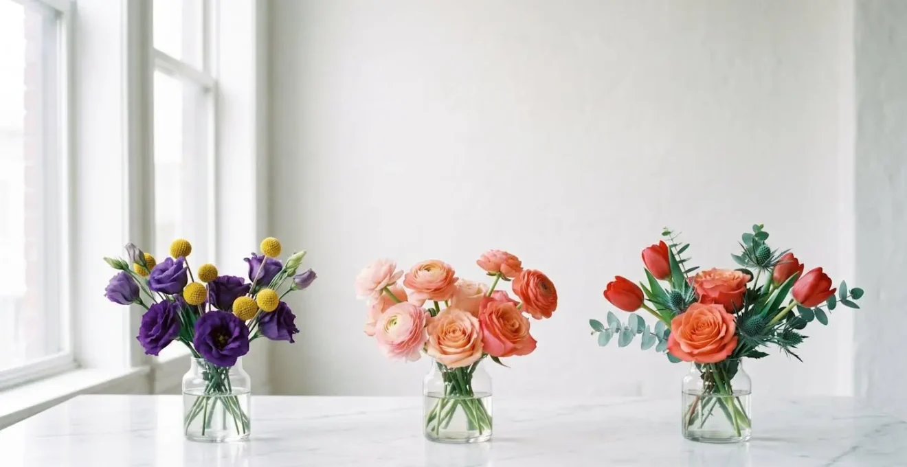 Wide environmental shot of three separate bouquet compositions on minimal surface showing complementary, analogous, and split-complementary color harmonies side by side