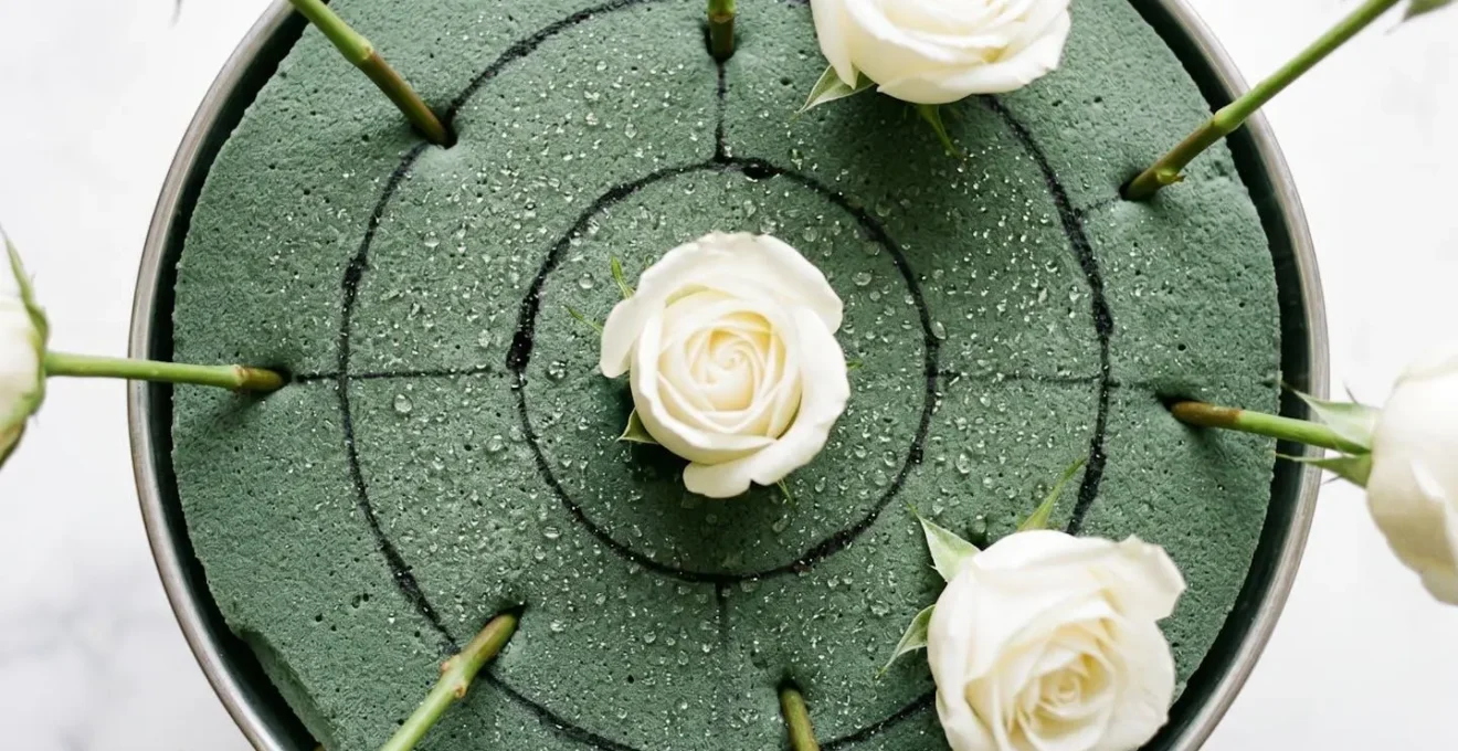 Top-down view of floral foam marked with concentric circle guidelines for symmetrical dome arrangement