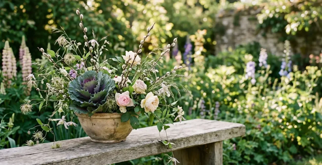 Natural garden arrangement featuring kale leaves and wildflowers in rustic vintage container