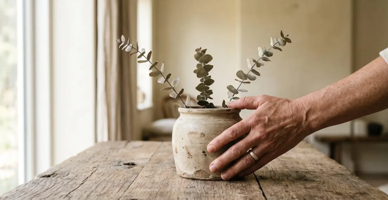 Minimalist rustic vignette demonstrating intentional curation with negative space and authentic vintage vessel on natural wood surface