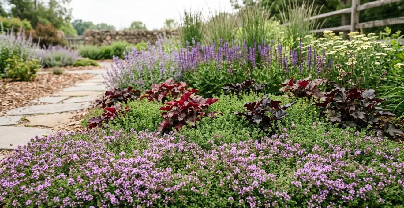 Wide angle view of a layered groundcover garden showing multiple heights of perennial plants forming a dense, weed-blocking carpet